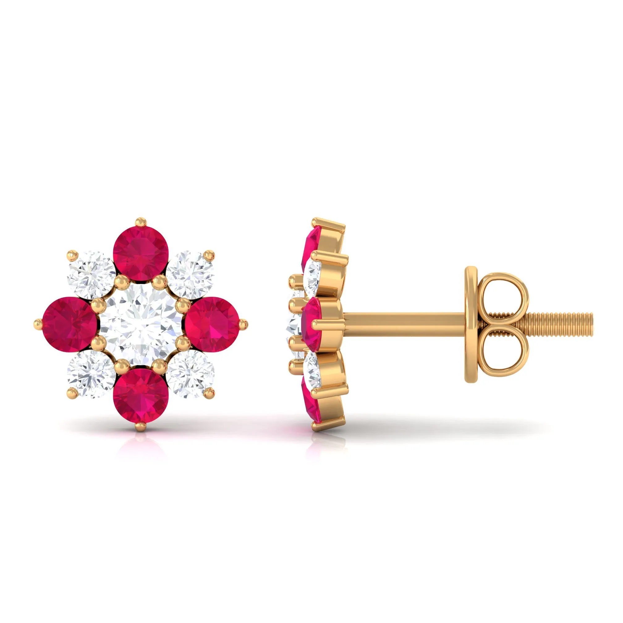 1 CT Diamond and Ruby Floral Stud Earrings