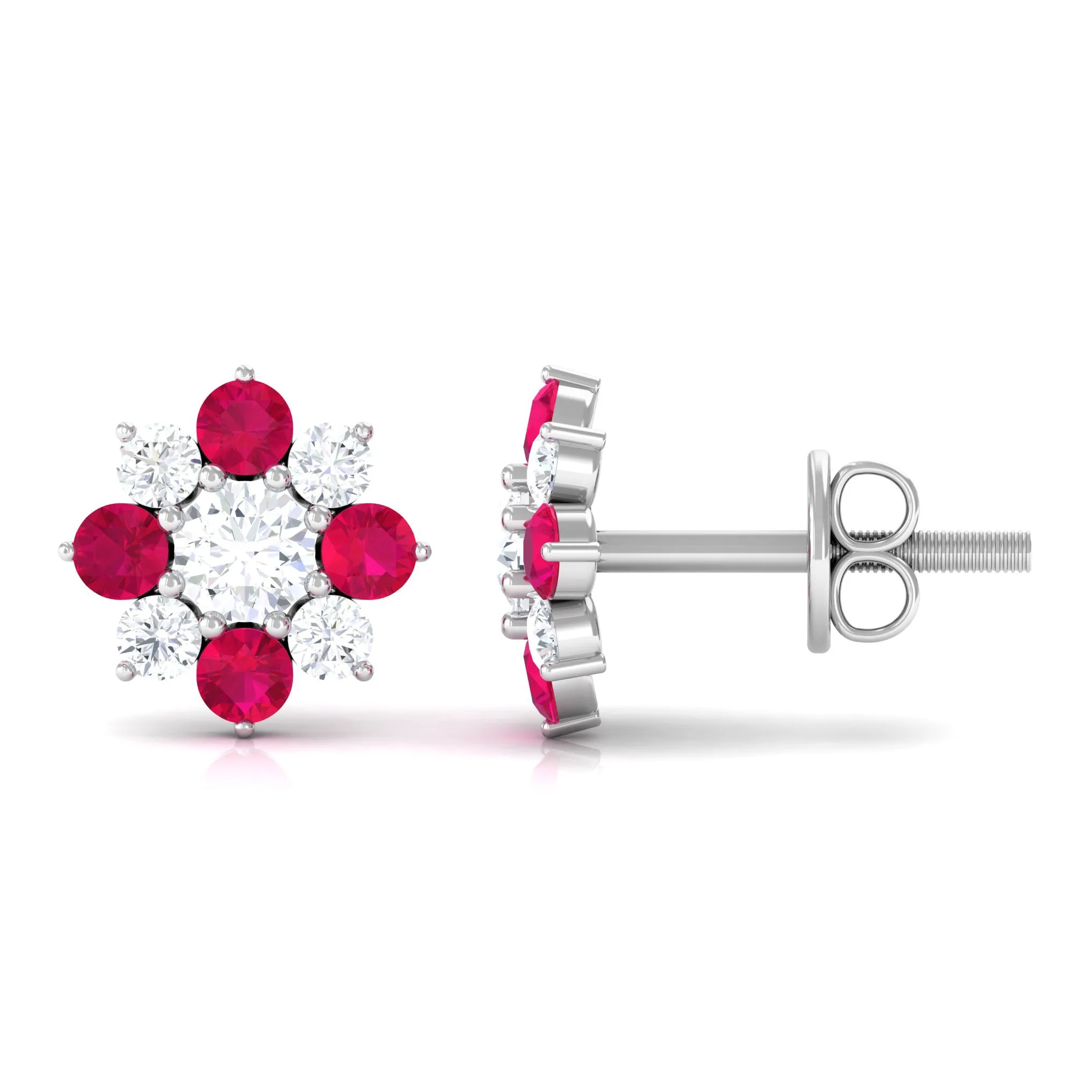 1 CT Diamond and Ruby Floral Stud Earrings