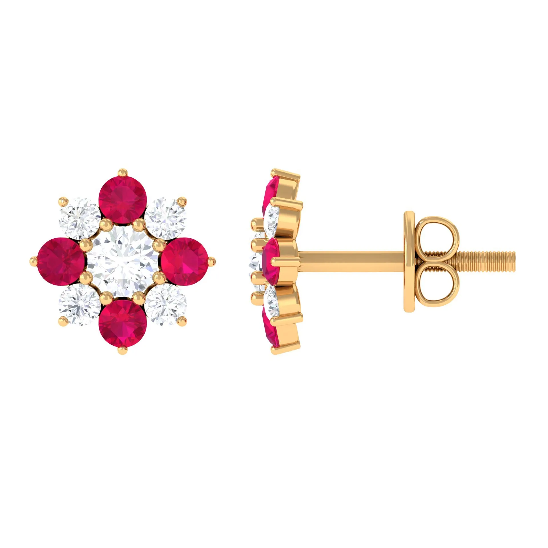 1 CT Diamond and Ruby Floral Stud Earrings