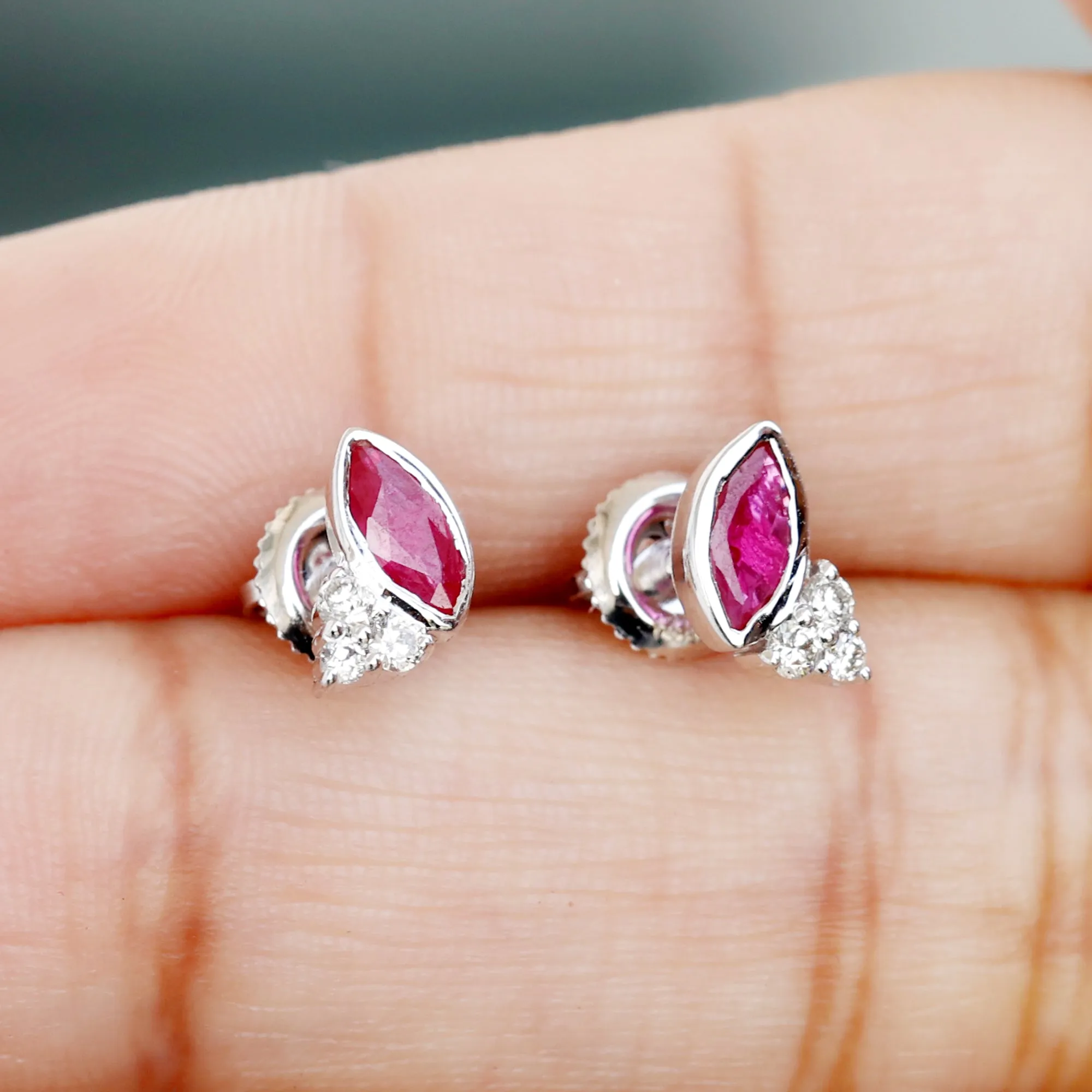 1 CT Marquise Cut Ruby Stud Earring with Trio Diamond