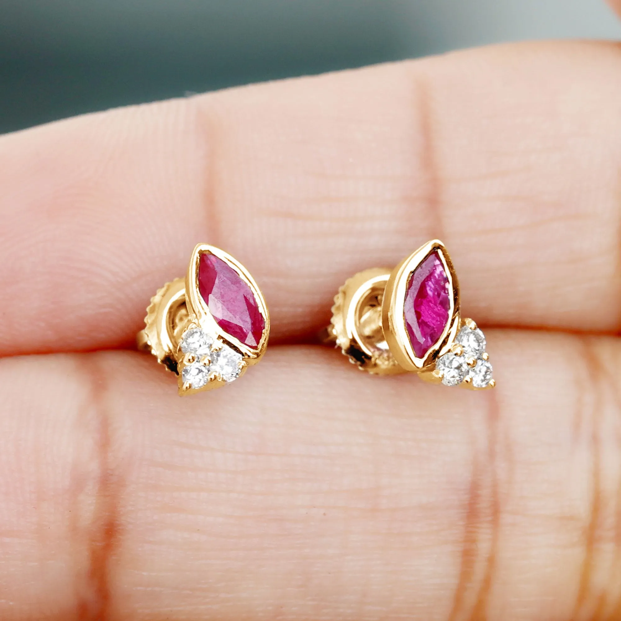 1 CT Marquise Cut Ruby Stud Earring with Trio Diamond