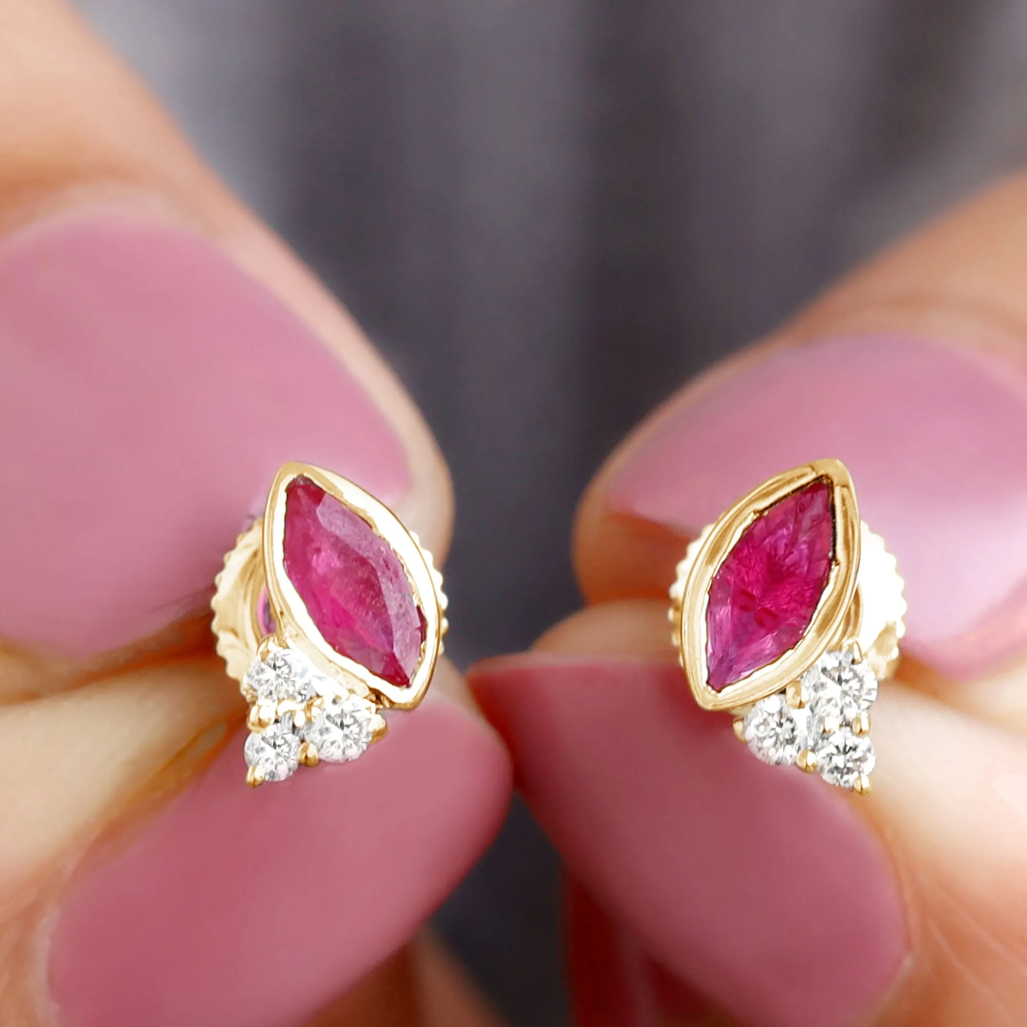 1 CT Marquise Cut Ruby Stud Earring with Trio Diamond