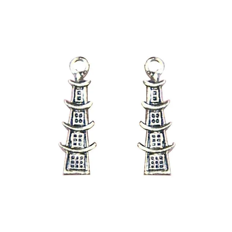 10 Pcs Tibetan Silver Chinese Temple Pagoda 25mm x 8mm 3D Charms Pendants