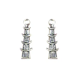 10 Pcs Tibetan Silver Chinese Temple Pagoda 25mm x 8mm 3D Charms Pendants