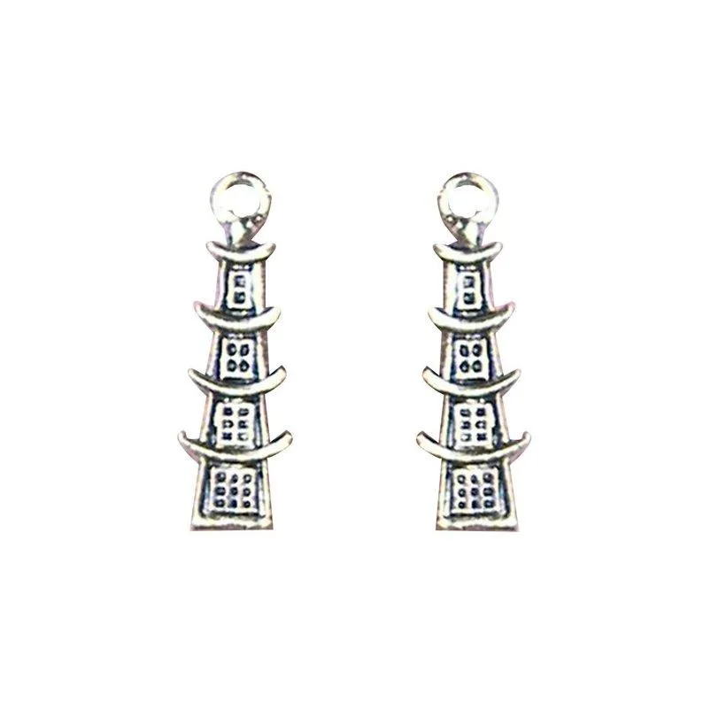 10 Pcs Tibetan Silver Chinese Temple Pagoda 25mm x 8mm 3D Charms Pendants