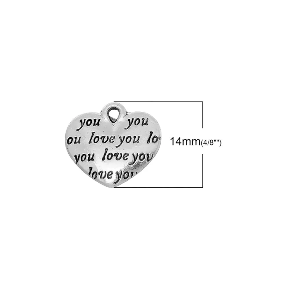 10 Pcs Tibetan Silver "LOVE YOU" HEART 14mm x 12mm Charms Pendants, Lead & Nickel Free Metal Charms Pendants Beads