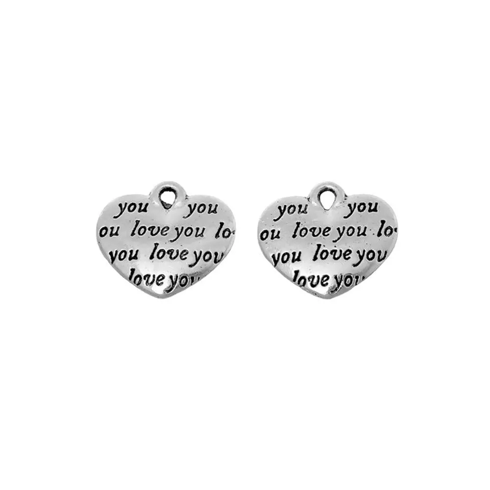 10 Pcs Tibetan Silver "LOVE YOU" HEART 14mm x 12mm Charms Pendants, Lead & Nickel Free Metal Charms Pendants Beads