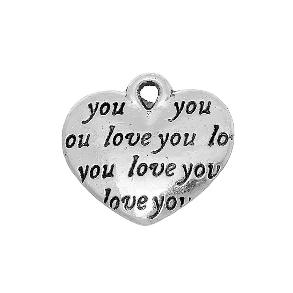 10 Pcs Tibetan Silver "LOVE YOU" HEART 14mm x 12mm Charms Pendants, Lead & Nickel Free Metal Charms Pendants Beads