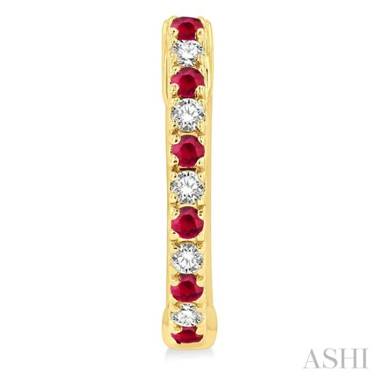 1/10 ctw Petite 1.35 MM Ruby and Round Cut Diamond Precious Fashion Huggies in 10K Yellow Gold