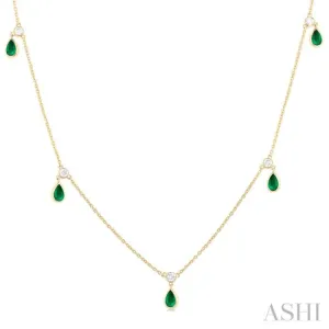 1/4 ctw Round Cut Diamonds and 5X3MM Pear Shape Emerald Precious Station Necklace in 14K Yellow Gold