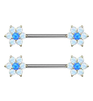 14G Blue & White Opalite Flower Gold Flower Nipple Ring Barbell