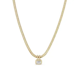 14k Emerald Cut Diamond Pendant Snake Chain Necklace