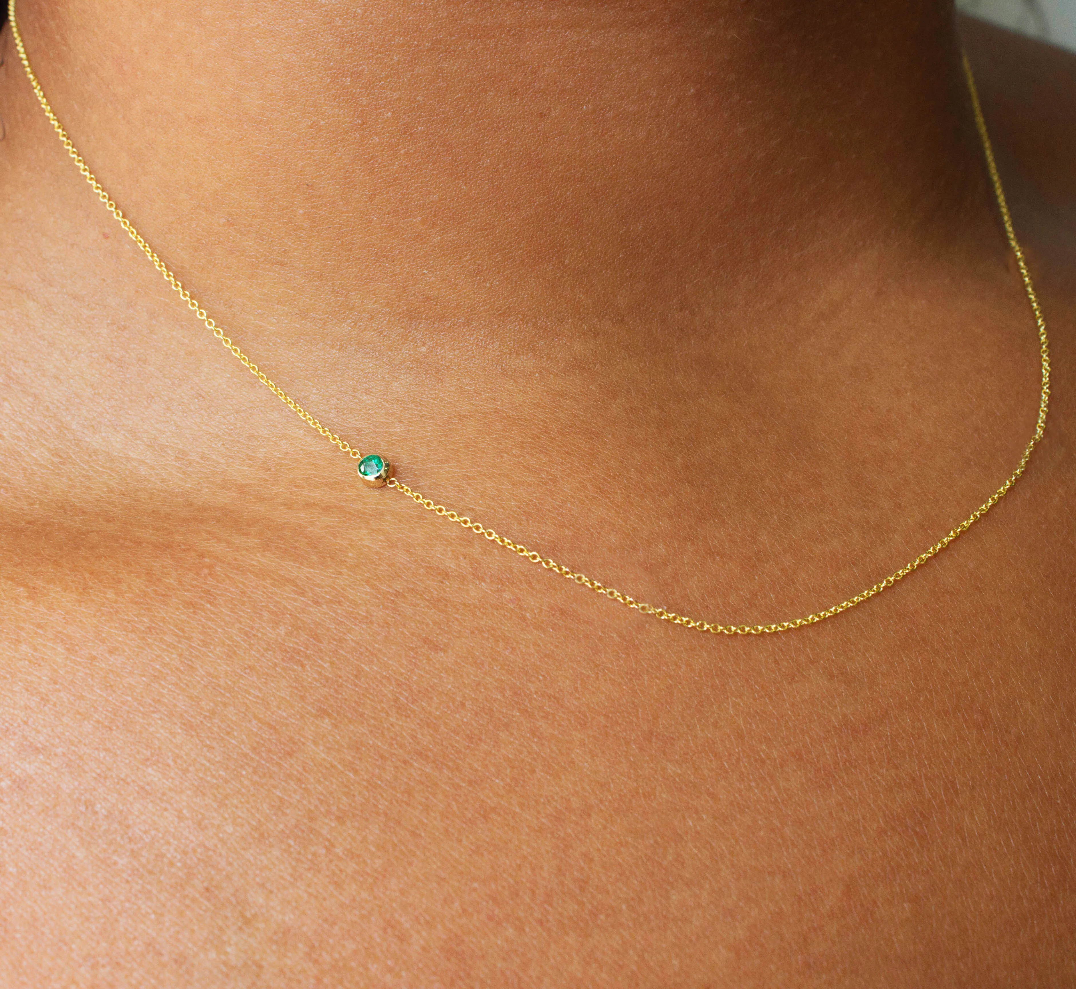 14K Gold Asymmetrical Birthstone Necklace - Emerald (May)