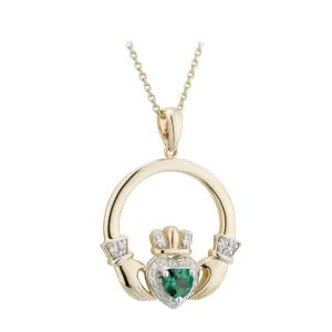 14K Gold Diamond & Emerald Claddagh Pendant