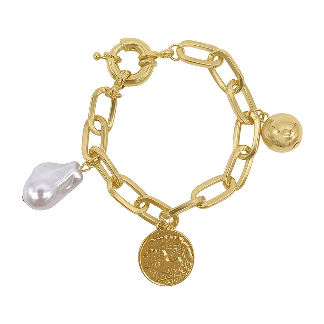 14k Gold Plated Pearl and Charm Link Bracelet with Oversized Lock