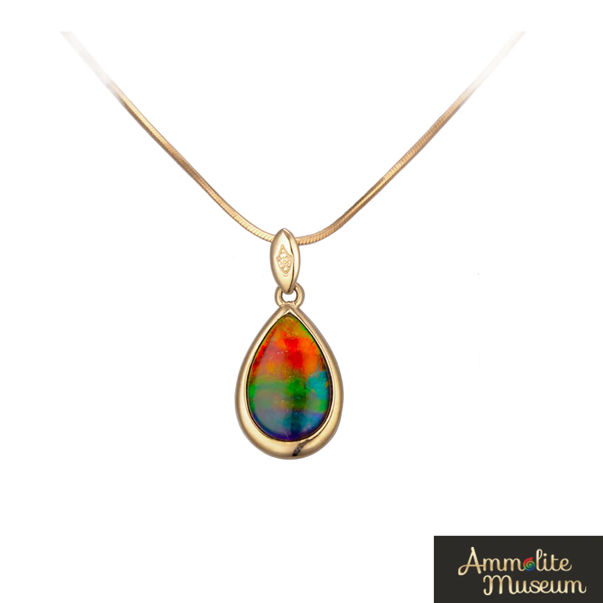 14K Gold Teardrop Ammolite Pendant