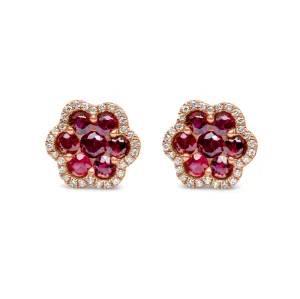 14k Rose Gold Diamond Ruby Cluster Earrings