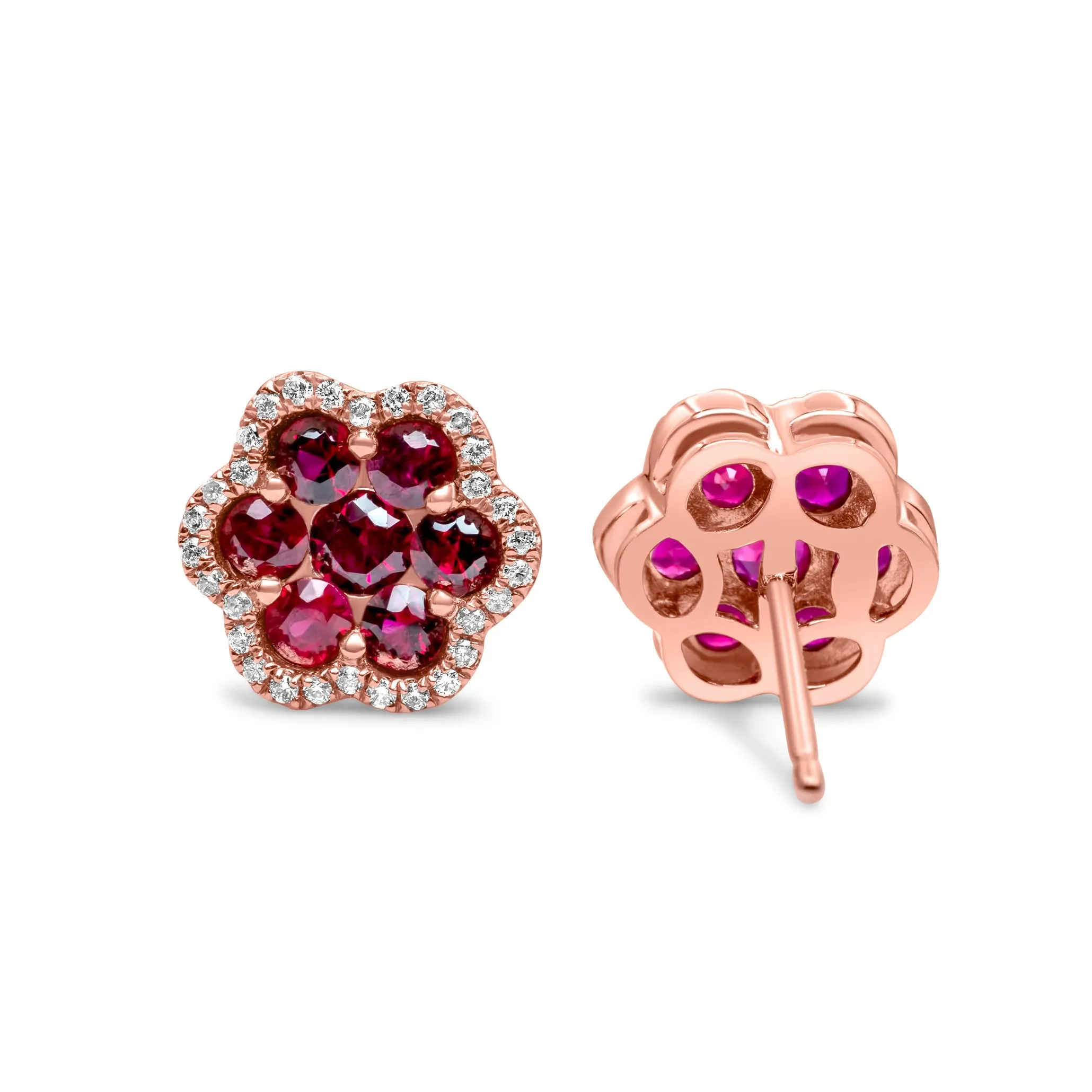 14k Rose Gold Diamond Ruby Cluster Earrings