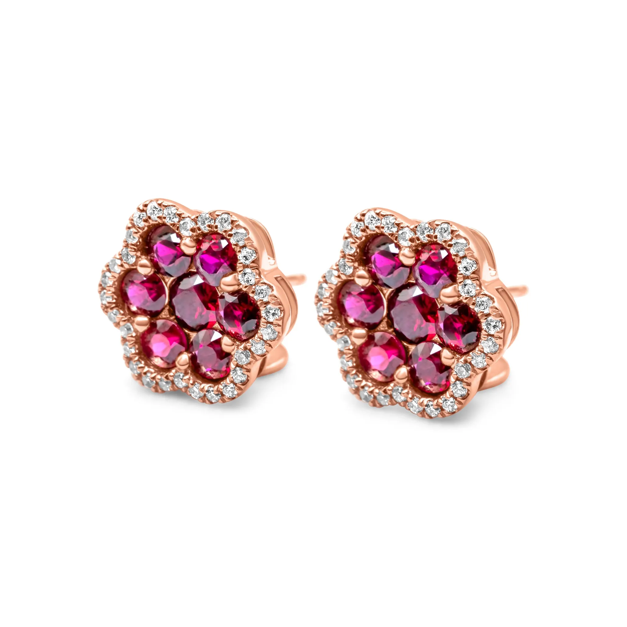 14k Rose Gold Diamond Ruby Cluster Earrings