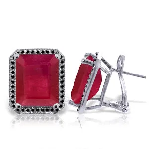 14K Solid White Gold Stud French Clips Earrings w/ Black Diamonds & Rubies