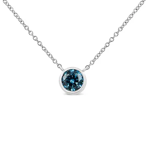 14K White Gold 1/2 Cttw Blue Lab Grown Diamond Modern Bezel-Set Solitaire 16"-18" Pendant Necklace (Blue Color,  VS2-SI1 Clarity)