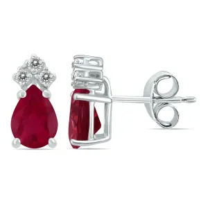 14K White Gold 6X4Mm Pear Ruby And Three Stone Diamond Earrings