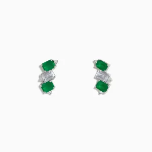 14K White Gold Emerald, White Sapphire, and Diamond Stud Earrings