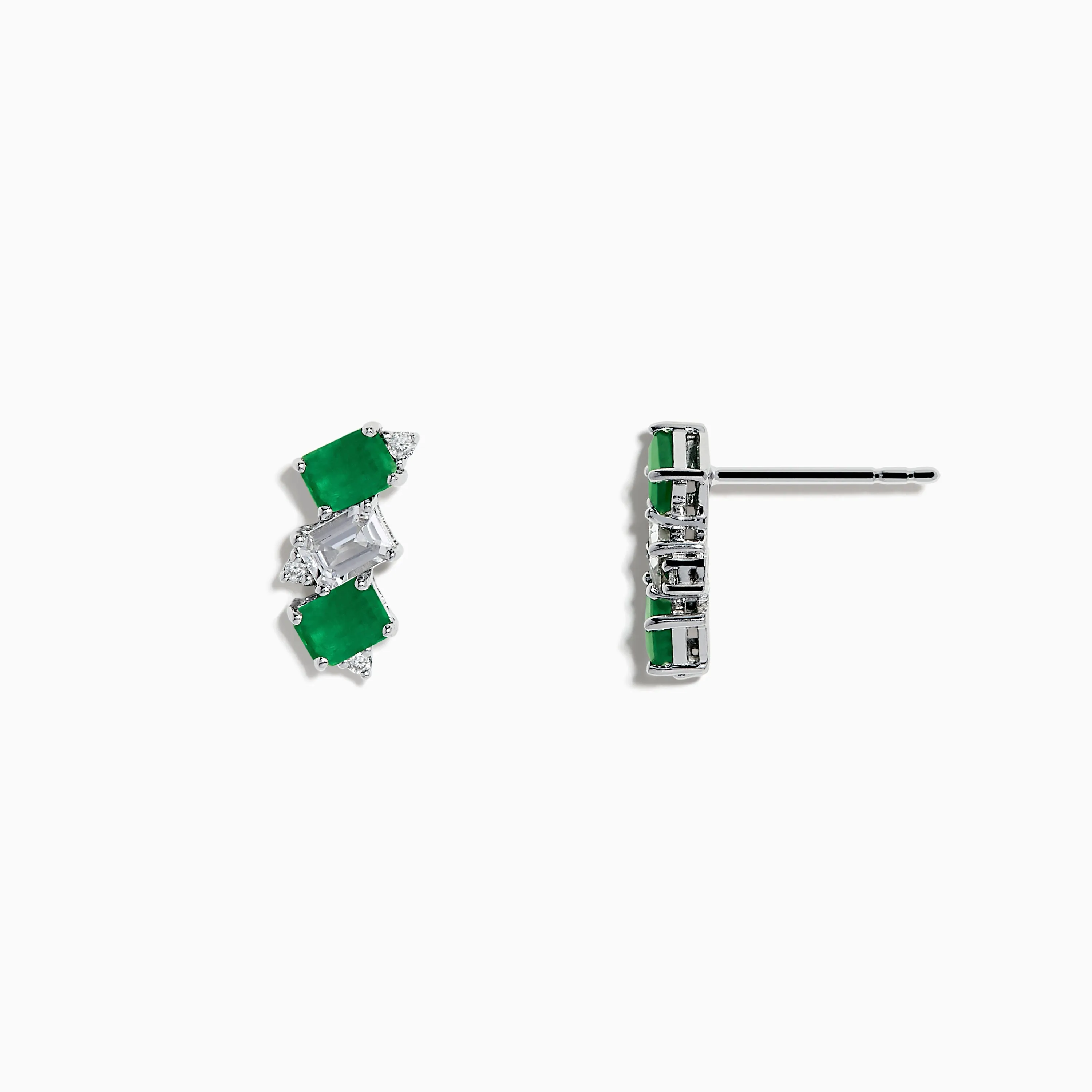 14K White Gold Emerald, White Sapphire, and Diamond Stud Earrings