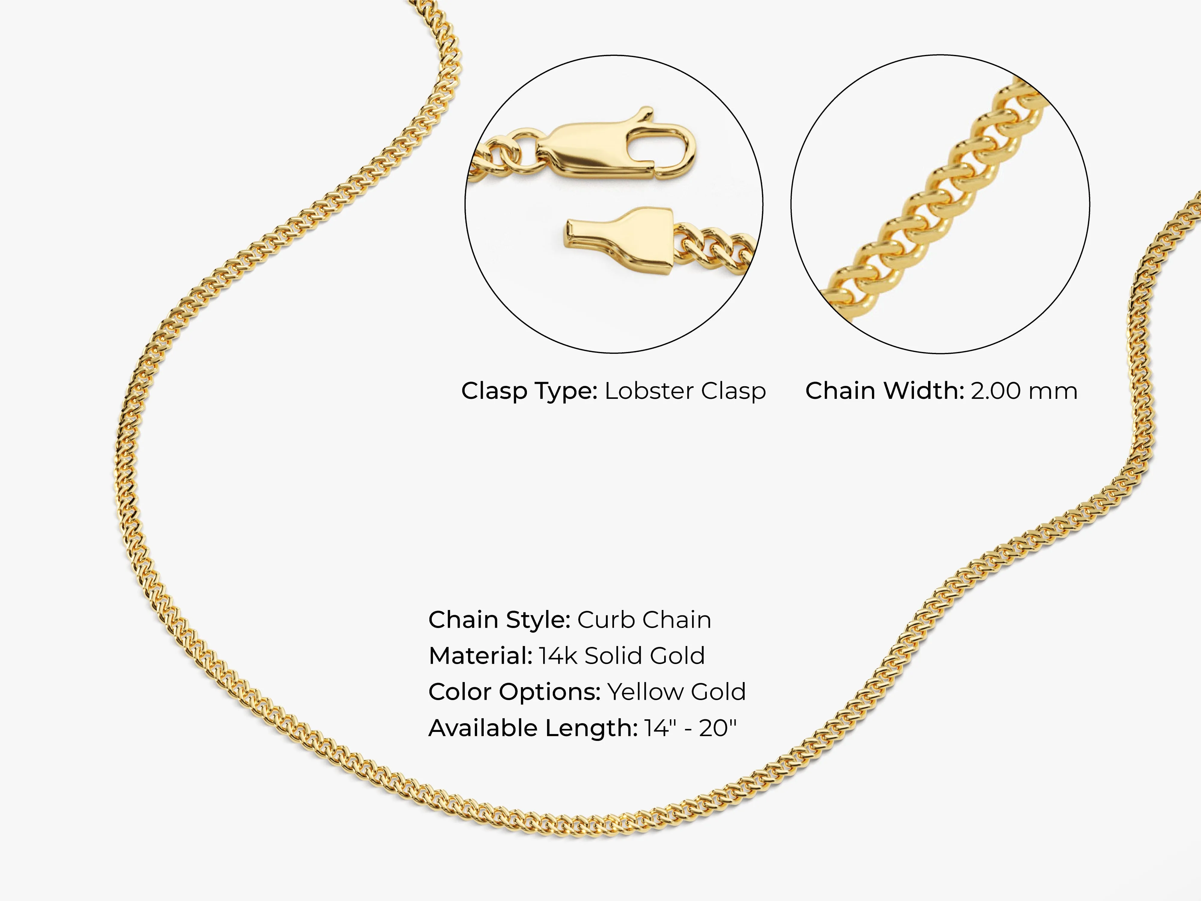 14k Yellow Gold 2.0mm Cuban Curb Chain Necklace