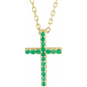 14K Yellow Natural Emerald Petite Cross 16" Necklace