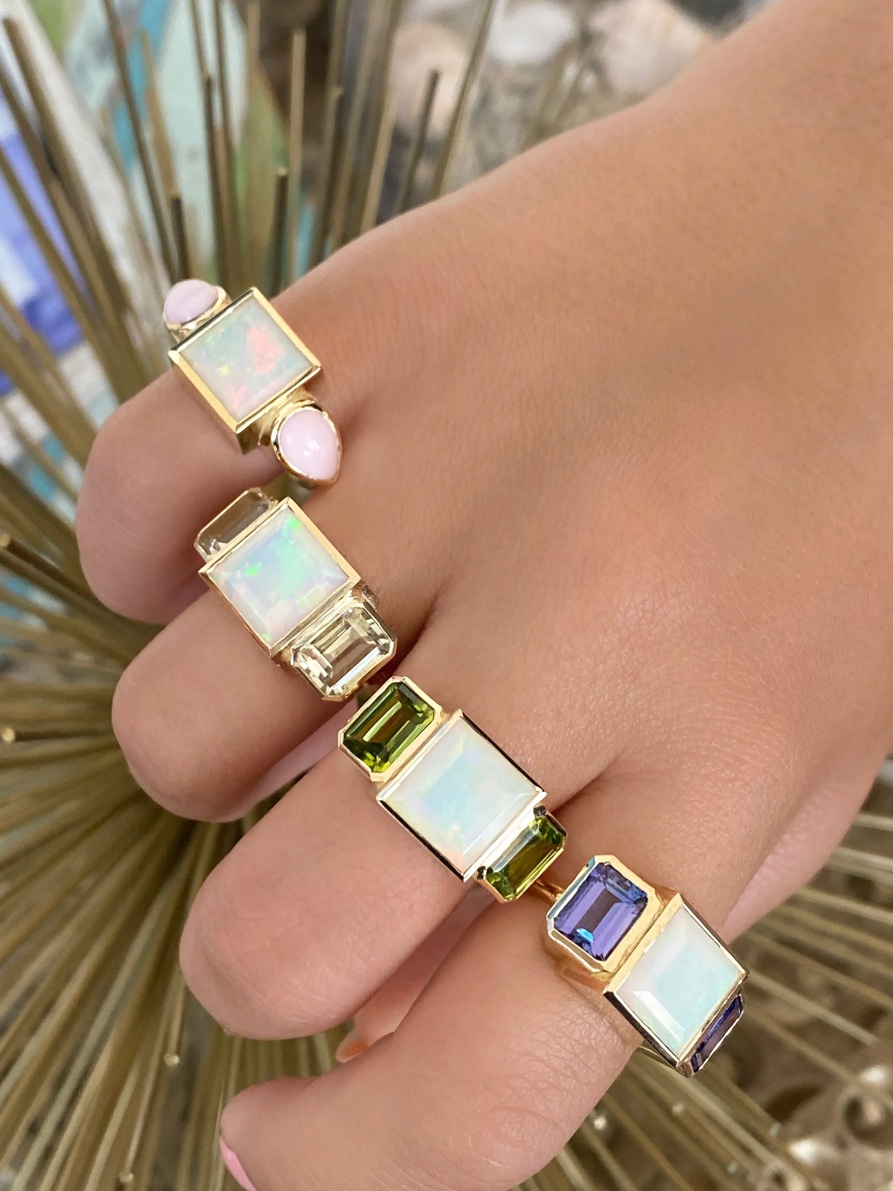 14K YG Ethiopian Opal and Tanzanite Trilogy Ring