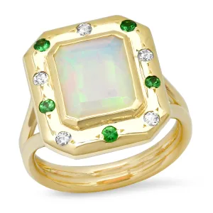 14K YG Opal, Tsavorite and Green Sapphire Ring