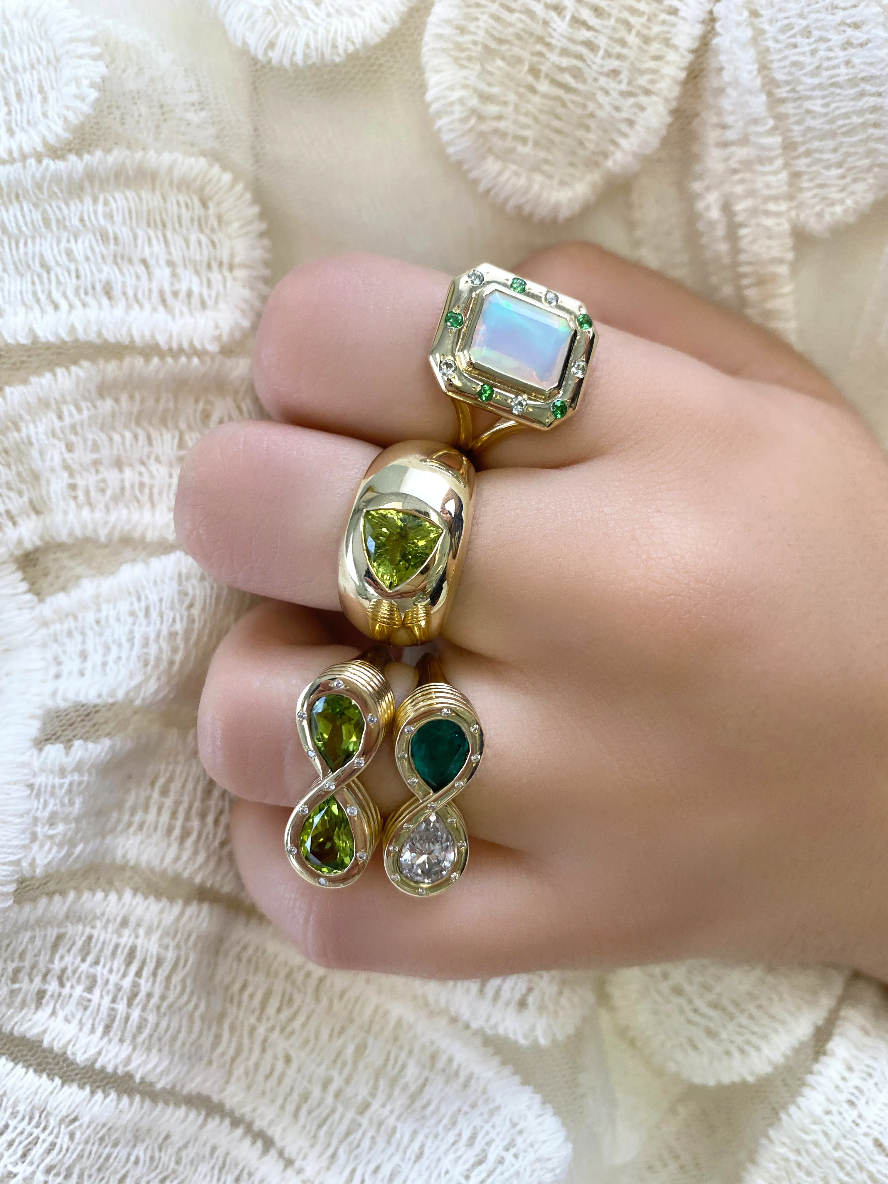 14K YG Opal, Tsavorite and Green Sapphire Ring