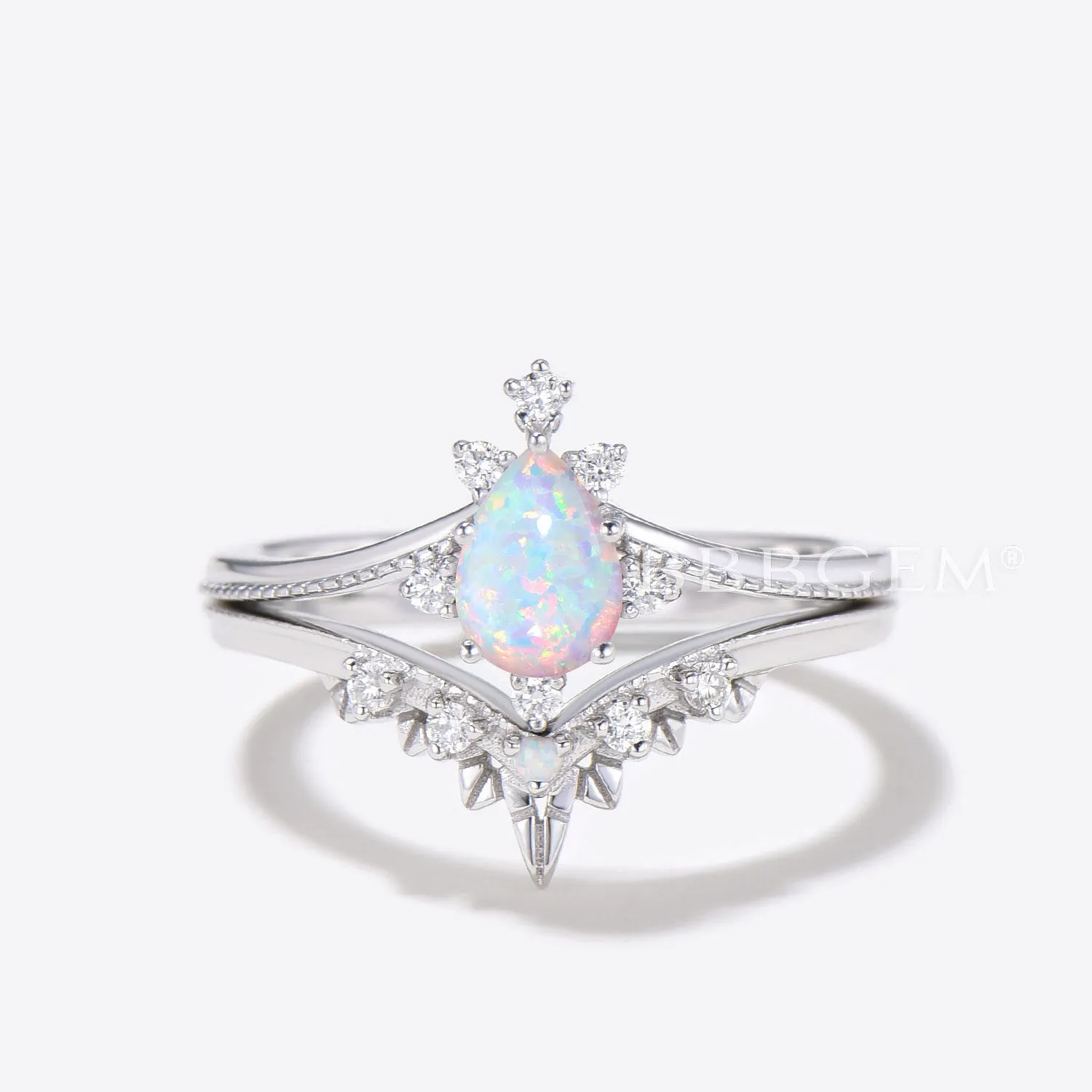 14K/18K Gold Vintage Pear Shaped Opal White Gold Engagement Ring Milgrain Bridal Set