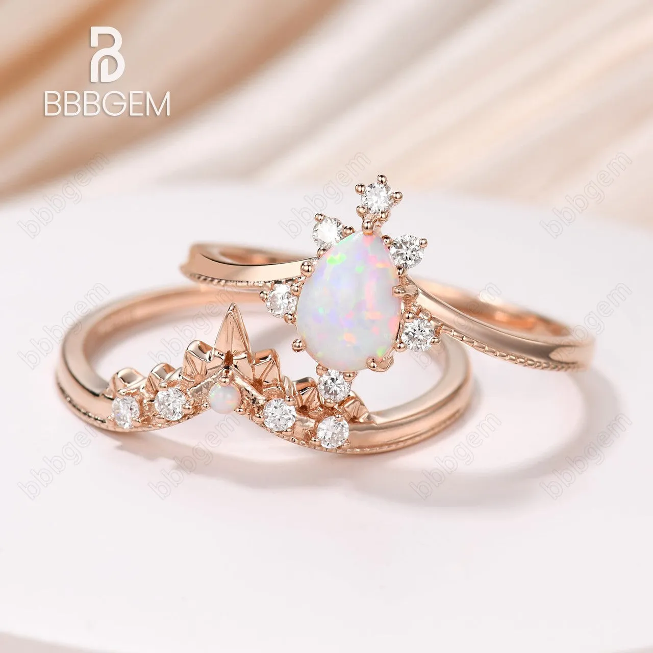 14K/18K Gold Vintage Pear Shaped Opal White Gold Engagement Ring Milgrain Bridal Set