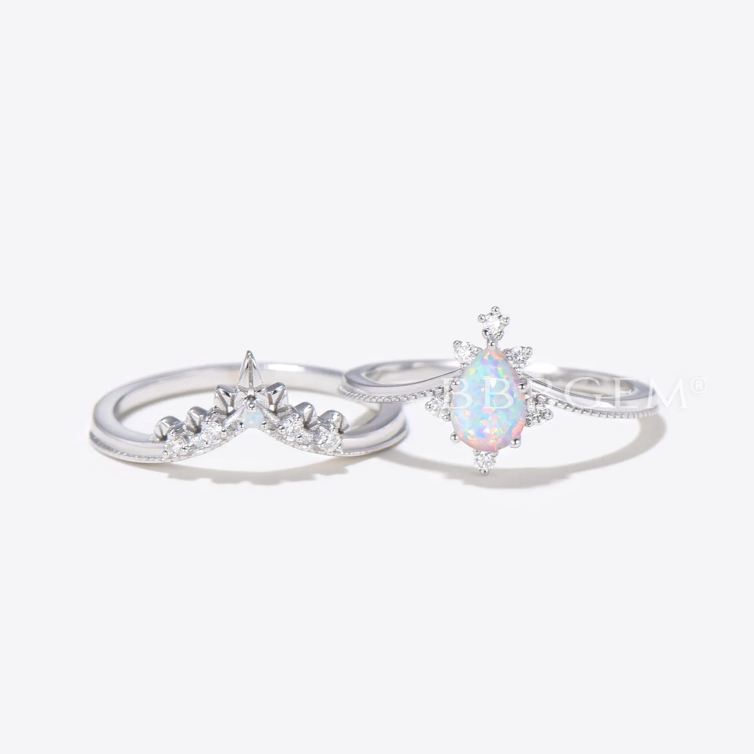 14K/18K Gold Vintage Pear Shaped Opal White Gold Engagement Ring Milgrain Bridal Set