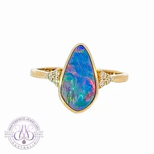 14kt Yellow Gold Opal doublet red flash with diamonds ring