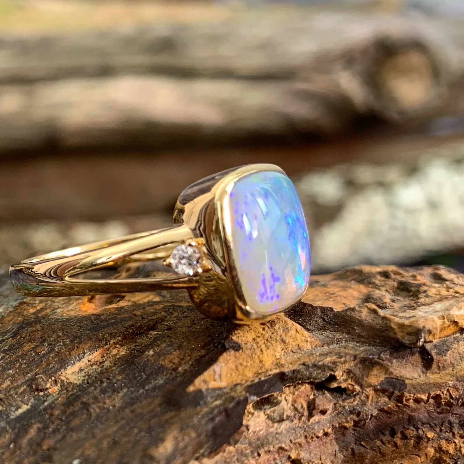 14kt Yellow Gold square Crystal Opal and diamond ring