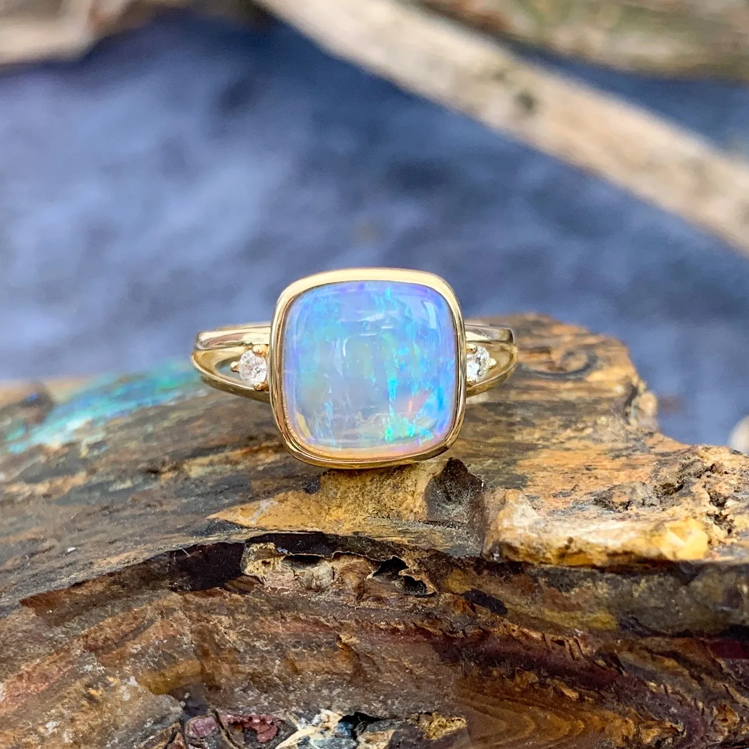 14kt Yellow Gold square Crystal Opal and diamond ring