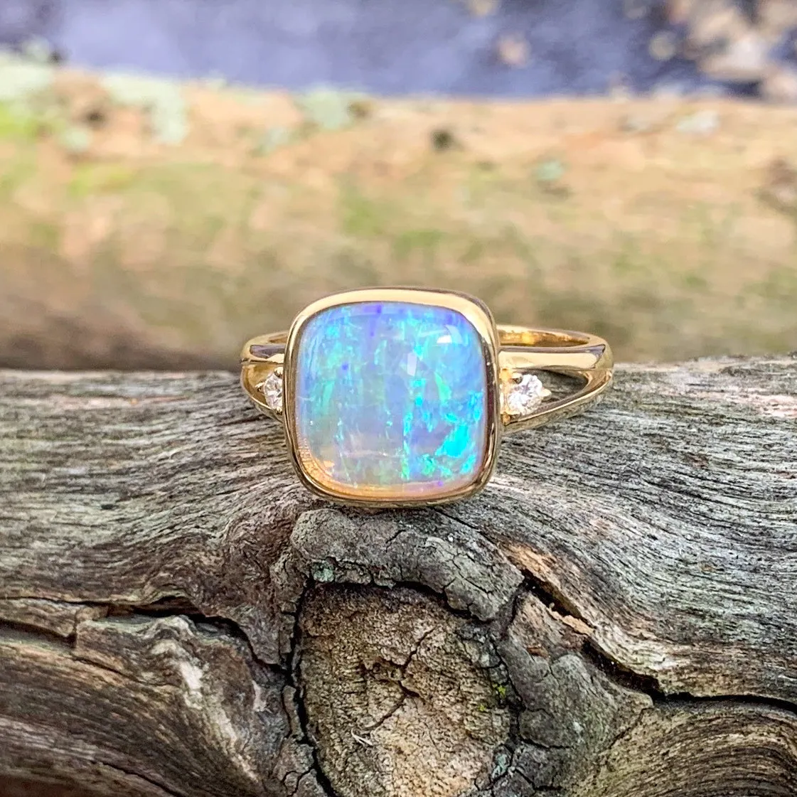 14kt Yellow Gold square Crystal Opal and diamond ring