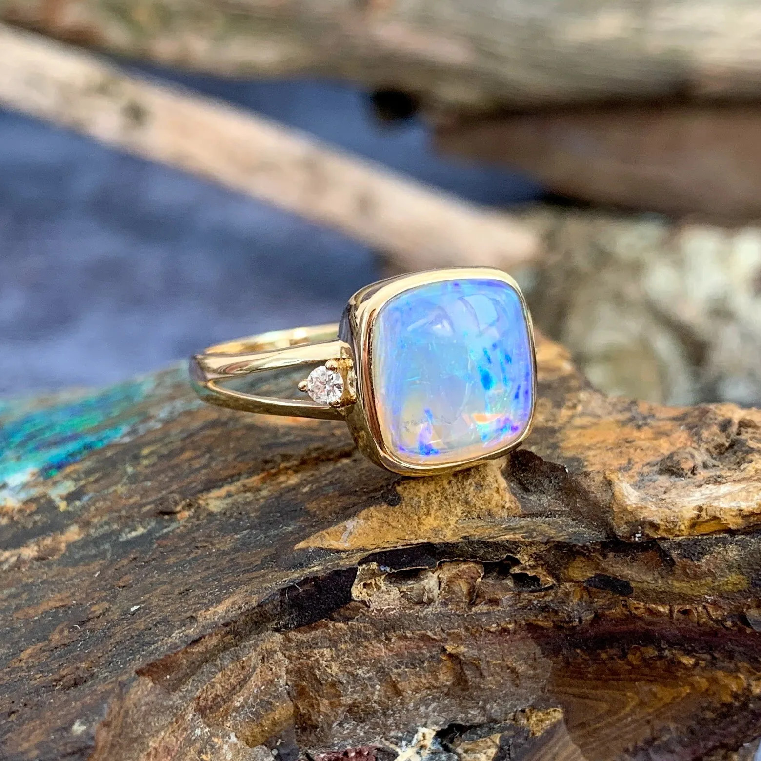 14kt Yellow Gold square Crystal Opal and diamond ring