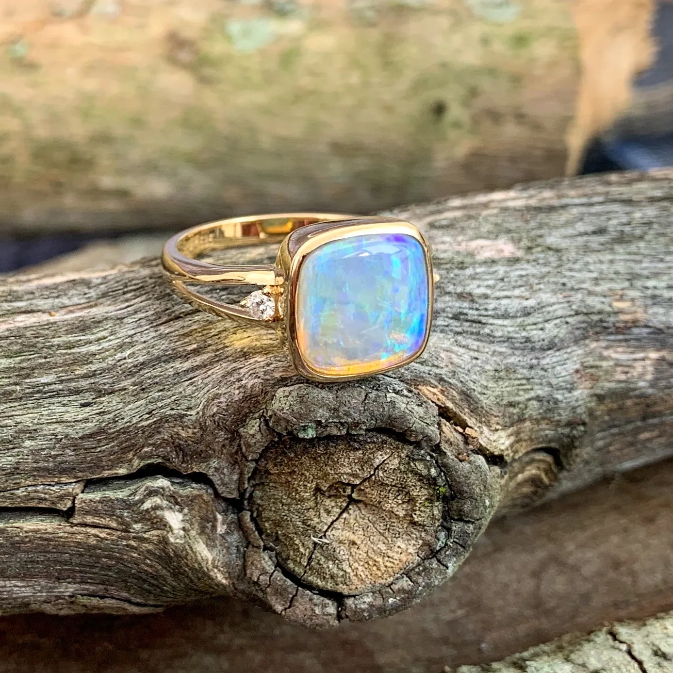 14kt Yellow Gold square Crystal Opal and diamond ring