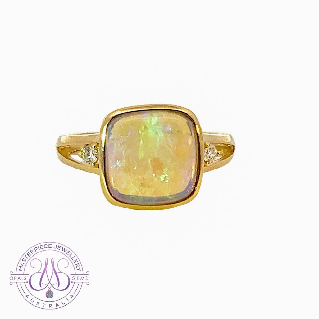 14kt Yellow Gold square Crystal Opal and diamond ring