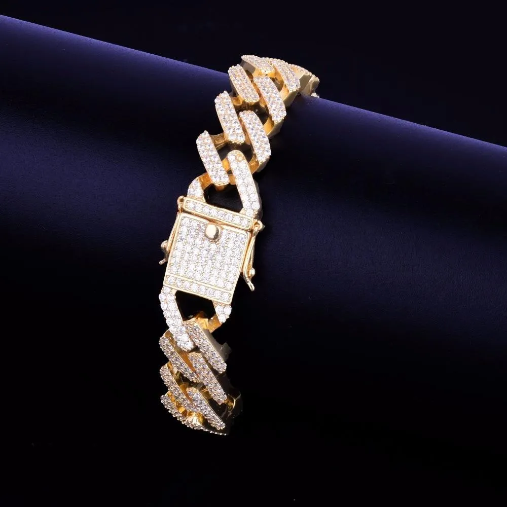 14mm Square Cuban Link Bracelet Gold Color Iced Out Cubic Zirconia Style Jewelry