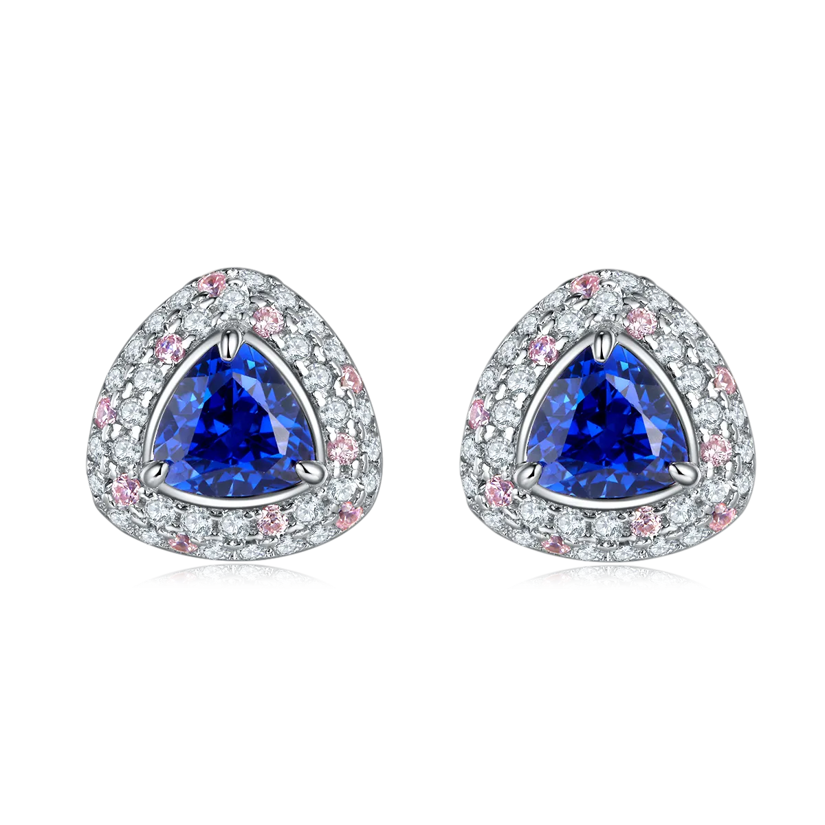 1.6 Carat Triangular Blue Sapphire Double Halo Sterling Silver Stud Earrings