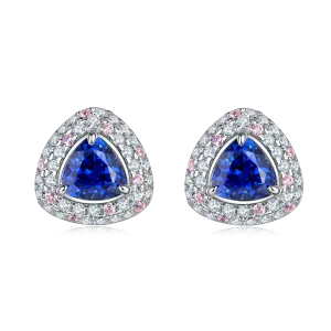 1.6 Carat Triangular Blue Sapphire Double Halo Sterling Silver Stud Earrings