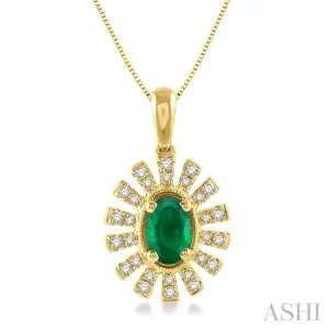 1/8 Ctw Floral Pattern 6x4 MM Oval Cut Emerald & Round Cut Diamond Precious Pendant With Chain in 10K Yellow Gold