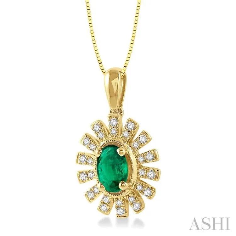 1/8 Ctw Floral Pattern 6x4 MM Oval Cut Emerald & Round Cut Diamond Precious Pendant With Chain in 10K Yellow Gold