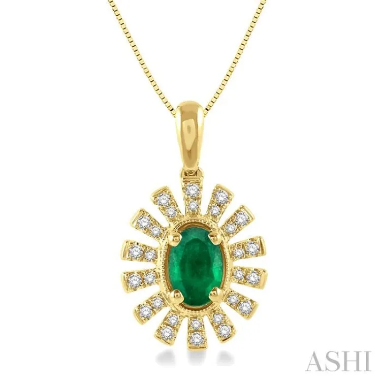 1/8 Ctw Floral Pattern 6x4 MM Oval Cut Emerald & Round Cut Diamond Precious Pendant With Chain in 10K Yellow Gold