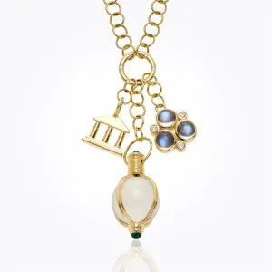 18K Classic Charm Necklace with rock crystal, royal blue moonstone, emerald and diamond - 40"